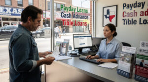 A man stands at the counter of a Texas payday loan business, holding paperwork, while a woman behind the desk looks at him. Various Essential Solutions brochures and a computer are on the desk, with loan service signs visible on the wall.