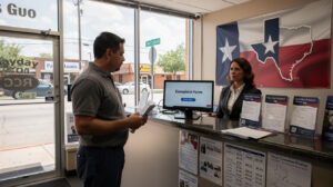 A man stands at a service counter holding papers, speaking to a woman behind the counter. A computer monitor displays "Payday loan complaints." Texas-themed signs and brochures about financial solutions decorate the office.