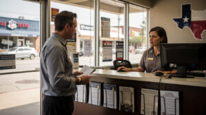 A man stands at a service counter in a Texas office, speaking to a female employee. Various informational pamphlets about Essential Solutions and Payday Loan Complaints are displayed, with windows overlooking businesses outside.