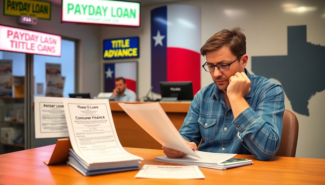 A man in glasses reads documents at a desk in a Texas payday loan office, with brochures, signage, and another person working in the background. Bright signs advertise payday loans, title advances, and solutions for payday loan complaints.