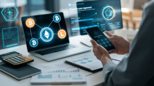 A person uses a smartphone with a cryptocurrency app at a desk with a laptop displaying digital currency symbols, charts, documents, and graphics—an essential guide for anyone interested in blockchain technology or navigating payday loans in the crypto space.