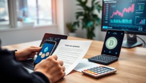 A person holding a smartphone displaying cryptocurrency icons and a printed loan agreement, with a laptop, calculator, and monitors showing financial data—a scene from an Essential Guide to Payday Loans and Cryptocurrency.