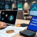A person works at a desk with laptops displaying cryptocurrency symbols, a smartphone showing "Payday LOAN Agreement," documents, and a calculator—capturing the intersection of cryptocurrency and payday loans in an office setting.