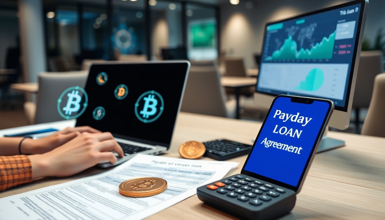 A person works at a desk with laptops displaying cryptocurrency symbols, a smartphone showing "Payday LOAN Agreement," documents, and a calculator—capturing the intersection of cryptocurrency and payday loans in an office setting.