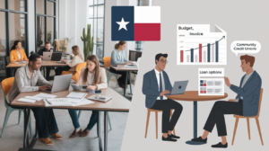 The image is divided in half; on the left, freelancers work at desks in a modern office, while on the right, two illustrated men discuss Texas payday loan alternatives and budgets, with the Texas flag and financial graphics above them.