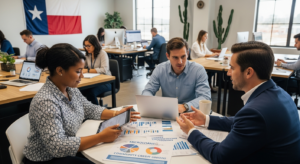 Three people sit at a table discussing documents and charts in a modern Texas office. Other employees, including freelancers, work in the background. A large Texas flag hangs on the wall, and potted plants decorate the space.