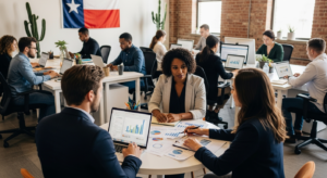 Office workers and freelancers collaborate in small groups with laptops and printed charts. A Texas state flag hangs on a brick wall in the bright, modern workspace, suggesting discussions on topics like payday loan alternatives.