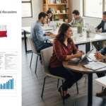 Two professionals, possibly freelancers, sit at a table having a discussion in a modern office with large windows. Other colleagues work nearby. Charts, documents, and laptops highlight a busy business environment focused on Payday loan alternatives.
