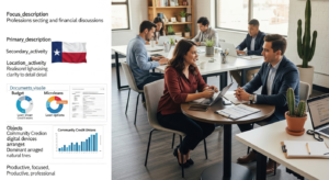 Two professionals, possibly freelancers, sit at a table having a discussion in a modern office with large windows. Other colleagues work nearby. Charts, documents, and laptops highlight a busy business environment focused on Payday loan alternatives.