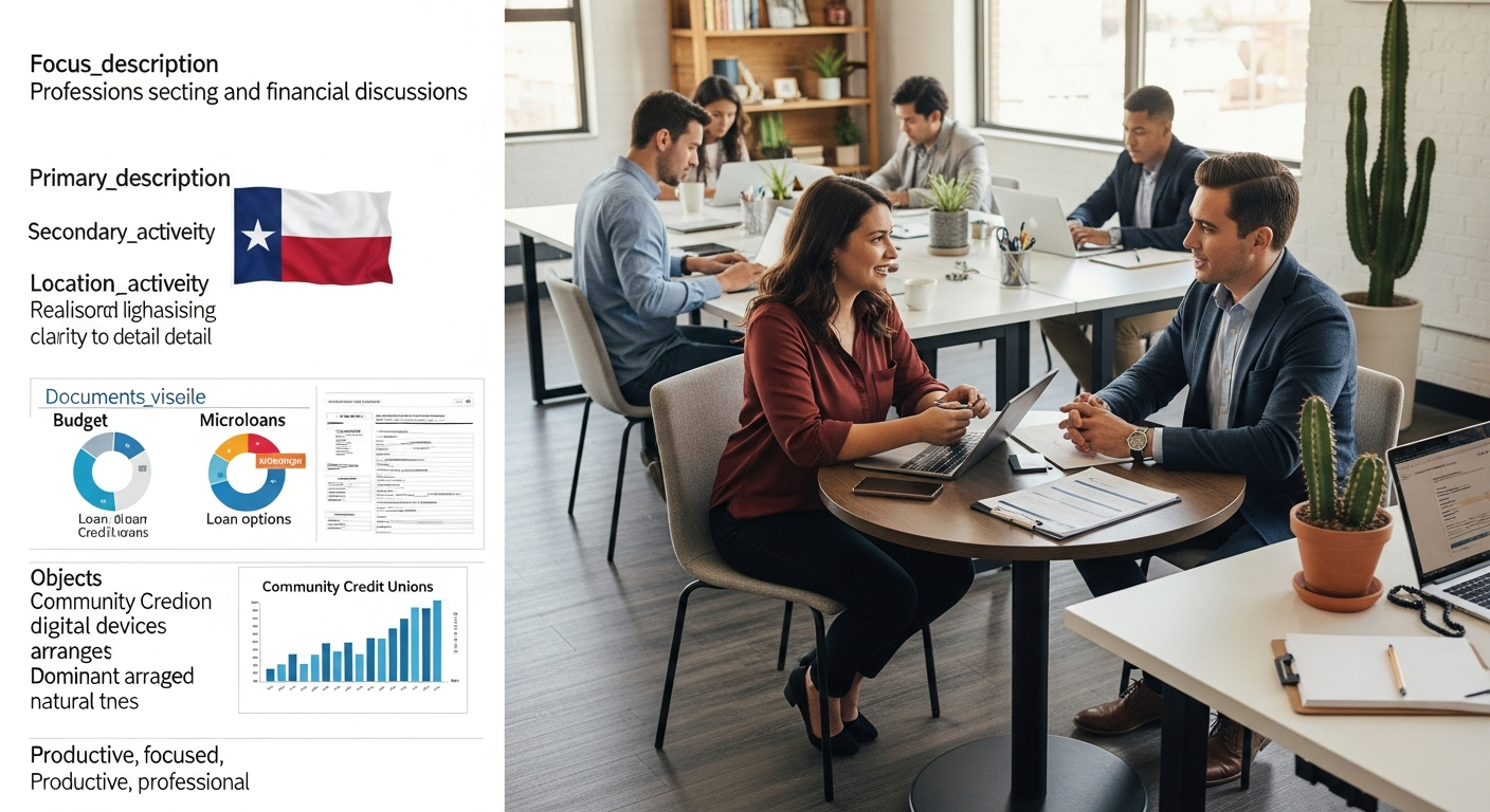 Two professionals, possibly freelancers, sit at a table having a discussion in a modern office with large windows. Other colleagues work nearby. Charts, documents, and laptops highlight a busy business environment focused on Payday loan alternatives.