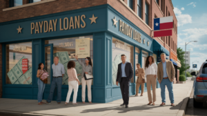 People stand and walk outside a Payday Loans storefront on a city street. The building has large windows with cash images, and a Texas flag hangs nearby, reflecting normal city activity and the presence of Texas minorities in daily life.