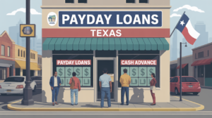 A payday loan storefront in Texas with people, including minorities, standing outside. Signs for “Payday Loans” and “Cash Advance” are visible, along with a Texas state flag and parked cars on the street.
