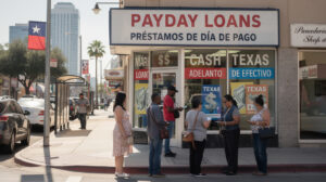 A group of people, including Texas minorities, stands in line outside a payday loans store. Signs in English and Spanish are visible on the sunny city street, with a Texas flag and surrounding shops in the background.