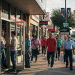 People walk along a busy sidewalk lined with shops, including Payday Loans. In this US overview, some Texas minorities are seen entering stores or carrying shopping bags, while cars are parked beside the street on a sunny day.
