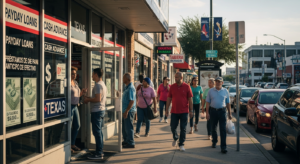 People walk along a busy sidewalk lined with shops, including Payday Loans. In this US overview, some Texas minorities are seen entering stores or carrying shopping bags, while cars are parked beside the street on a sunny day.