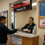 A man stands at a counter handing his ID to a female employee under a “Payday Loans, Pearland TX” sign. Informational posters about loans, payday loan requirements, and safer borrowing are displayed on the wall behind the counter.
