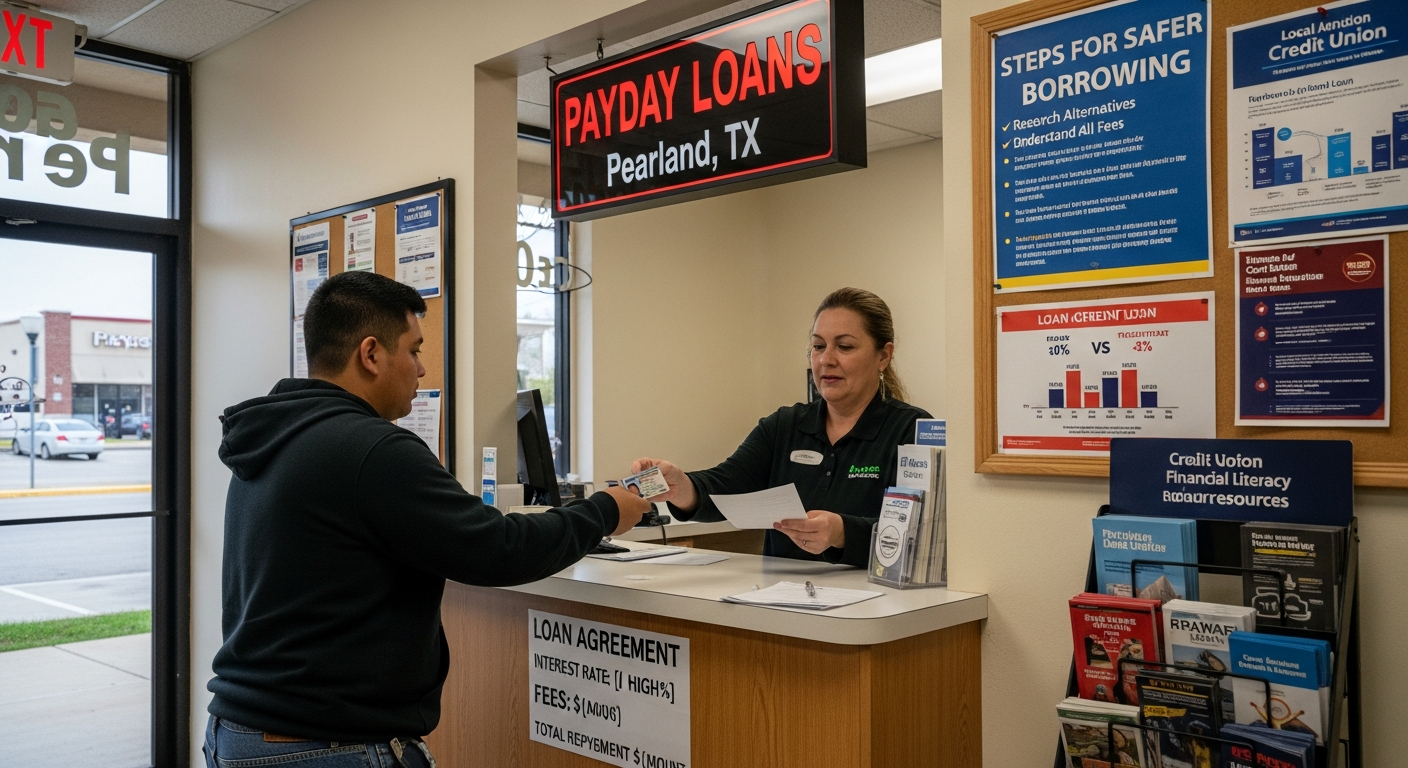 A man stands at a counter handing his ID to a female employee under a “Payday Loans, Pearland TX” sign. Informational posters about loans, payday loan requirements, and safer borrowing are displayed on the wall behind the counter.