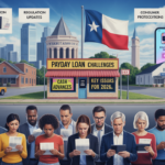 A group of diverse adults stands reading documents about payday loans in front of a Texas courthouse, with signs referencing payday loan challenges, new Texas regulation updates, and consumer protections for 2026.