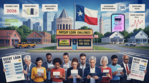 A group of diverse adults stands reading documents about payday loans in front of a Texas courthouse, with signs referencing payday loan challenges, new Texas regulation updates, and consumer protections for 2026.