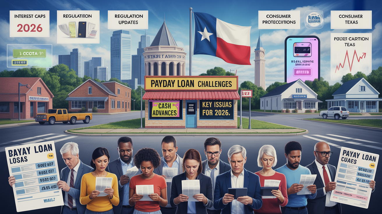 A group of diverse adults stands reading documents about payday loans in front of a Texas courthouse, with signs referencing payday loan challenges, new Texas regulation updates, and consumer protections for 2026.