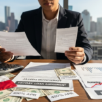 A person in business attire reviews payday loan documents at a desk with a Texas flag, calculator, cash, and a graph showing rising finances and costs—highlighting the risks of payday loan default. The city skyline is visible through the window in the background.