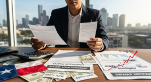 A person in business attire reviews payday loan documents at a desk with a Texas flag, calculator, cash, and a graph showing rising finances and costs—highlighting the risks of payday loan default. The city skyline is visible through the window in the background.