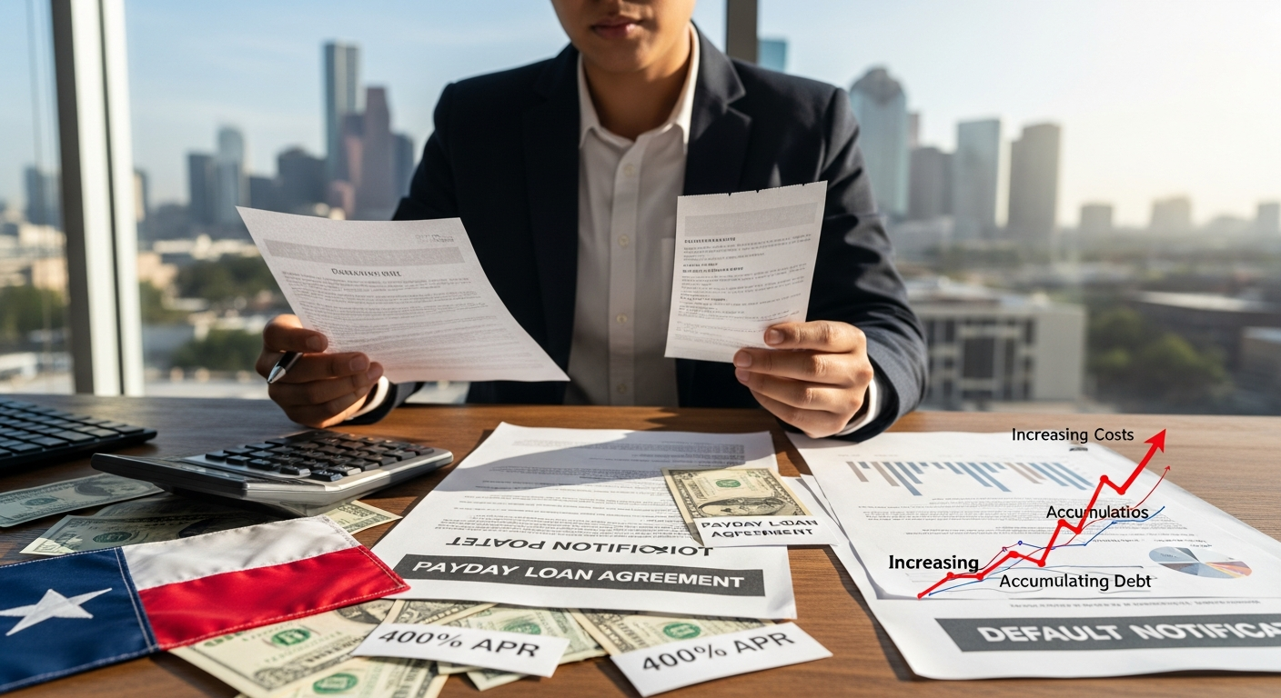 A person in business attire reviews payday loan documents at a desk with a Texas flag, calculator, cash, and a graph showing rising finances and costs—highlighting the risks of payday loan default. The city skyline is visible through the window in the background.