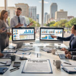 Seven professionals in business attire discuss financial charts on computer screens in a modern conference room with city views. Documents and a report titled "Payday Loans Texas" are spread across the table.