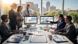 Seven professionals in business attire discuss financial charts on computer screens in a modern conference room with city views. Documents and a report titled "Payday Loans Texas" are spread across the table.