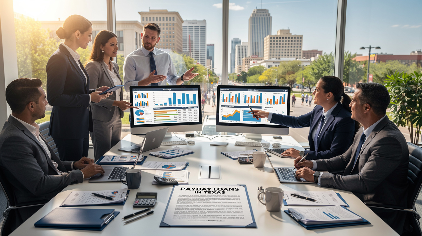 Seven professionals in business attire discuss financial charts on computer screens in a modern conference room with city views. Documents and a report titled "Payday Loans Texas" are spread across the table.