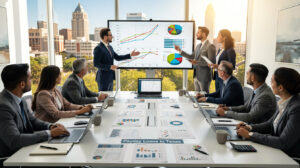 Eight professionals sit around a conference table in a modern office, reviewing charts and documents labeled “Payday Loans Texas” as they discuss effective strategies, with a city skyline visible through the windows.