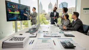 Five professionals in business attire discuss data visualizations and strategies for Payday Loans Texas in a modern conference room. Documents and charts labeled “Payday Loans in Texas” cover the table, with city buildings visible through large windows.