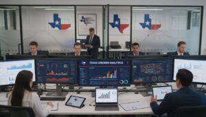Six people in business attire work in a modern office with multiple monitors displaying graphs, analytics dashboards, and SEO techniques. Texas state maps and flags are visible on the walls, highlighting the focus on Texas payday lenders.