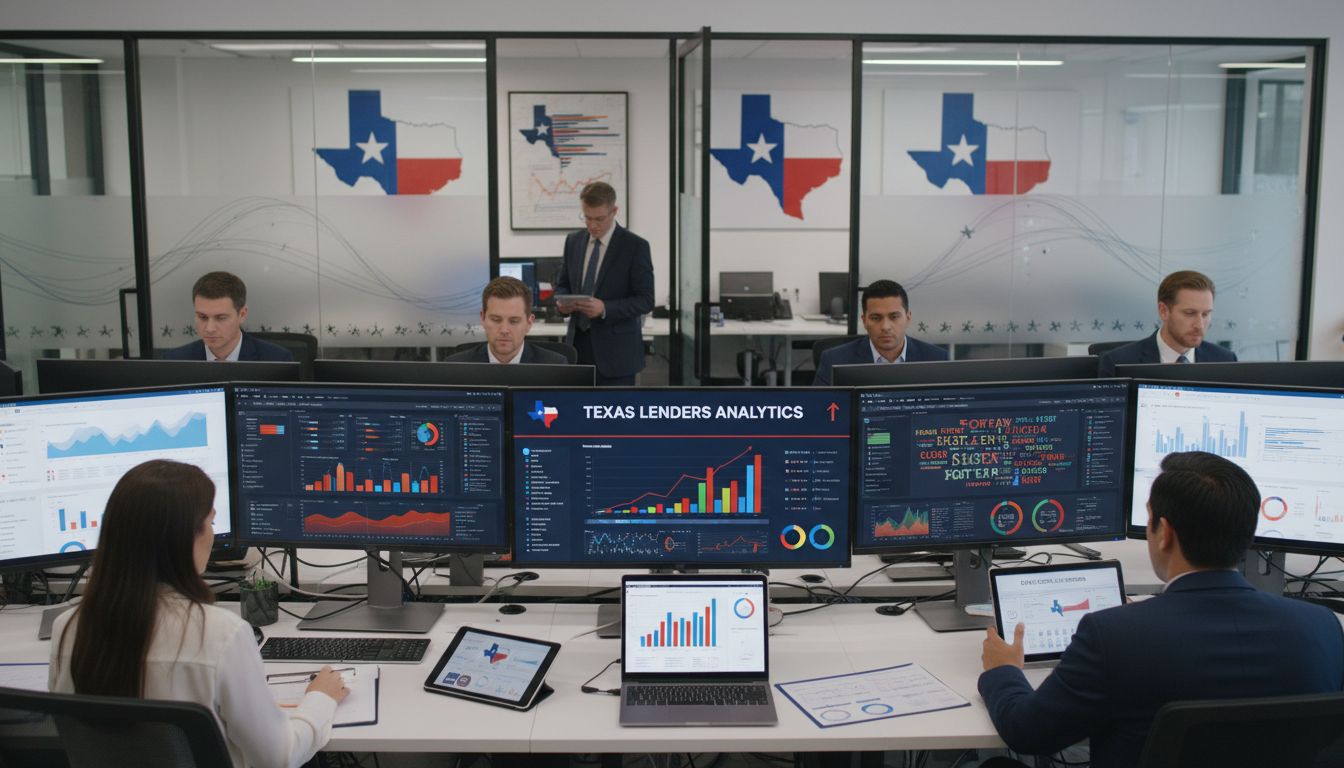 Six people in business attire work in a modern office with multiple monitors displaying graphs, analytics dashboards, and SEO techniques. Texas state maps and flags are visible on the walls, highlighting the focus on Texas payday lenders.