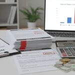 A person uses a calculator near stacks of loan contracts, cash, coins, and a laptop displaying a bar chart titled "Interest Rates Comparison." Documents on payday loan interest rates are visible on the desk.