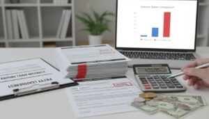 A person uses a calculator near stacks of loan contracts, cash, coins, and a laptop displaying a bar chart titled "Interest Rates Comparison." Documents on payday loan interest rates are visible on the desk.