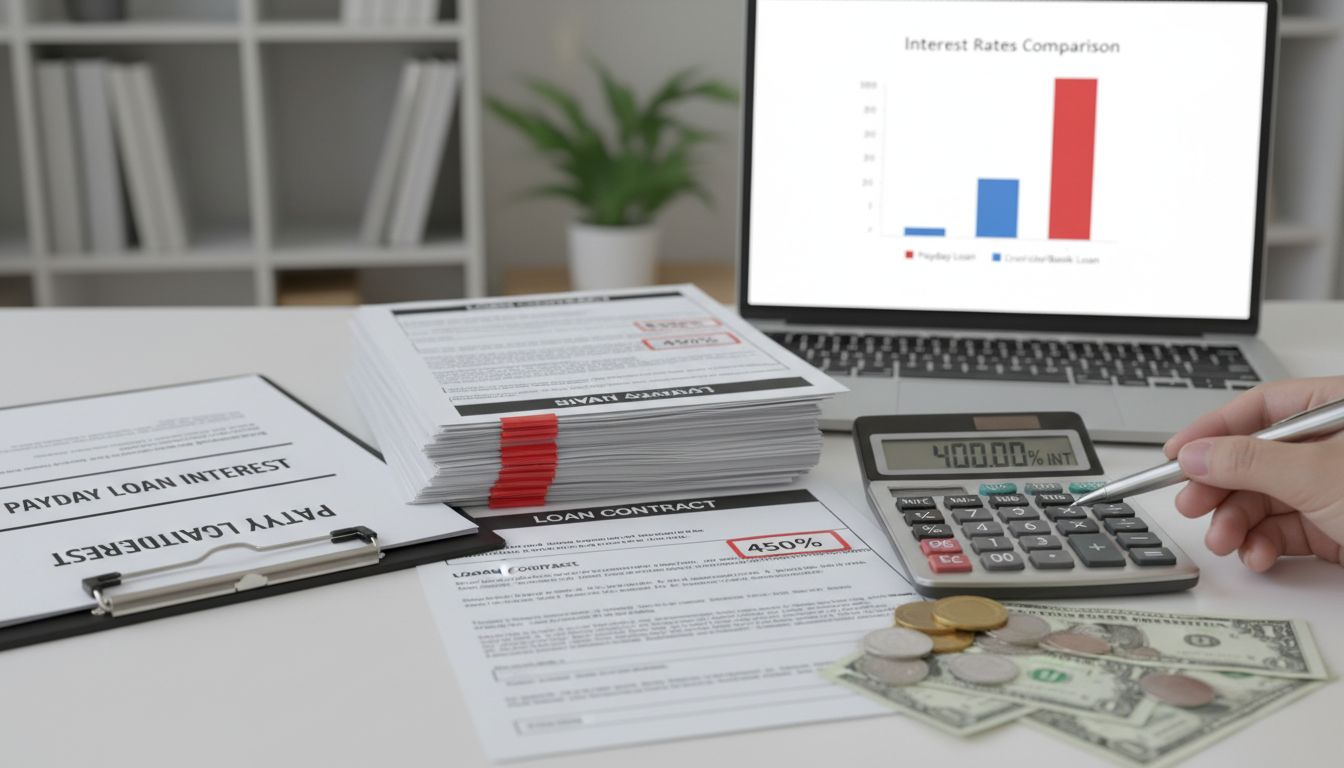 A person uses a calculator near stacks of loan contracts, cash, coins, and a laptop displaying a bar chart titled "Interest Rates Comparison." Documents on payday loan interest rates are visible on the desk.