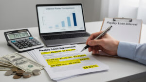 A person reviews a payday loan agreement with high payday loan interest rates highlighted, next to a calculator, cash, a pen, a clipboard labeled "Payday Loan Interest," and a laptop displaying an interest rates comparison chart.