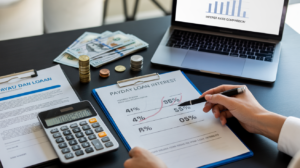 A person reviews payday loan interest rates on a clipboard, with a calculator, cash, coins, documents, and a laptop displaying a payday loans interest rates comparison chart on a desk.