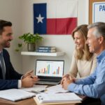 A man in a suit explains financial charts on a laptop to a smiling middle-aged couple in an office. A Texas flag and a sign reading “Payday Loan Tips for Texans” highlight the discussion about payday loan tips and stress relief strategies.