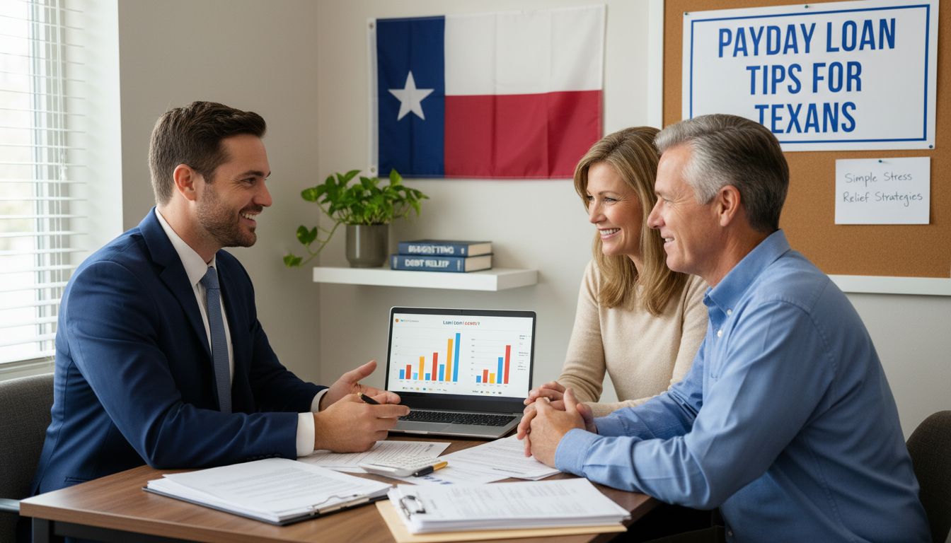 A man in a suit explains financial charts on a laptop to a smiling middle-aged couple in an office. A Texas flag and a sign reading “Payday Loan Tips for Texans” highlight the discussion about payday loan tips and stress relief strategies.
