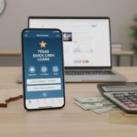 A smartphone displaying a Texas Quick Cash Loans app is on a desk with a laptop, cash, and a credit card. Nearby, a US map cutout hints at Texas Payday Loans while the background features a potted plant and wall clock.