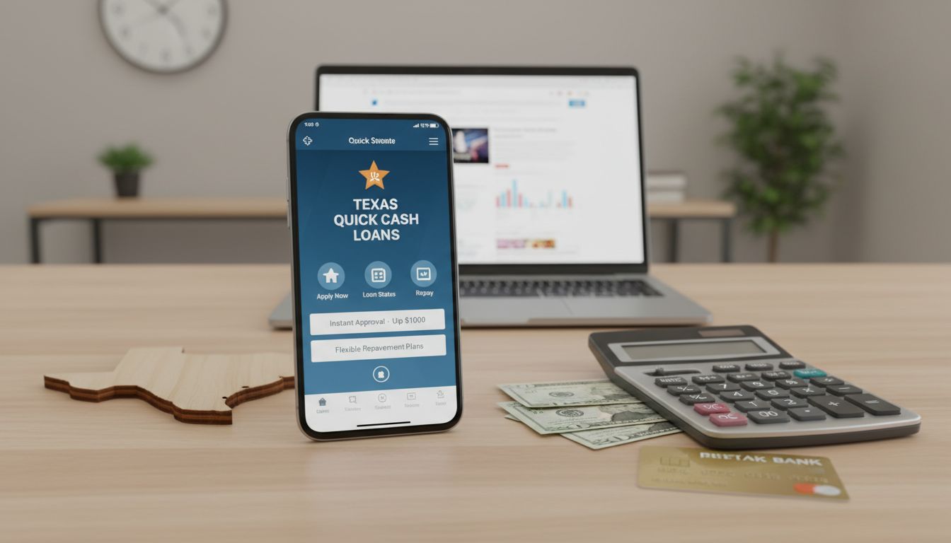 A smartphone displaying a Texas Quick Cash Loans app is on a desk with a laptop, cash, and a credit card. Nearby, a US map cutout hints at Texas Payday Loans while the background features a potted plant and wall clock.