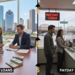 A split image compares two loan scenarios. On the left, three people discuss personal loans in a modern Laredo office; on the right, two people stand in a Payday Loans store with a neon "Instant Cash!" sign and paperwork on the counter.