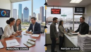 A split image compares two loan scenarios. On the left, three people discuss personal loans in a modern Laredo office; on the right, two people stand in a Payday Loans store with a neon "Instant Cash!" sign and paperwork on the counter.