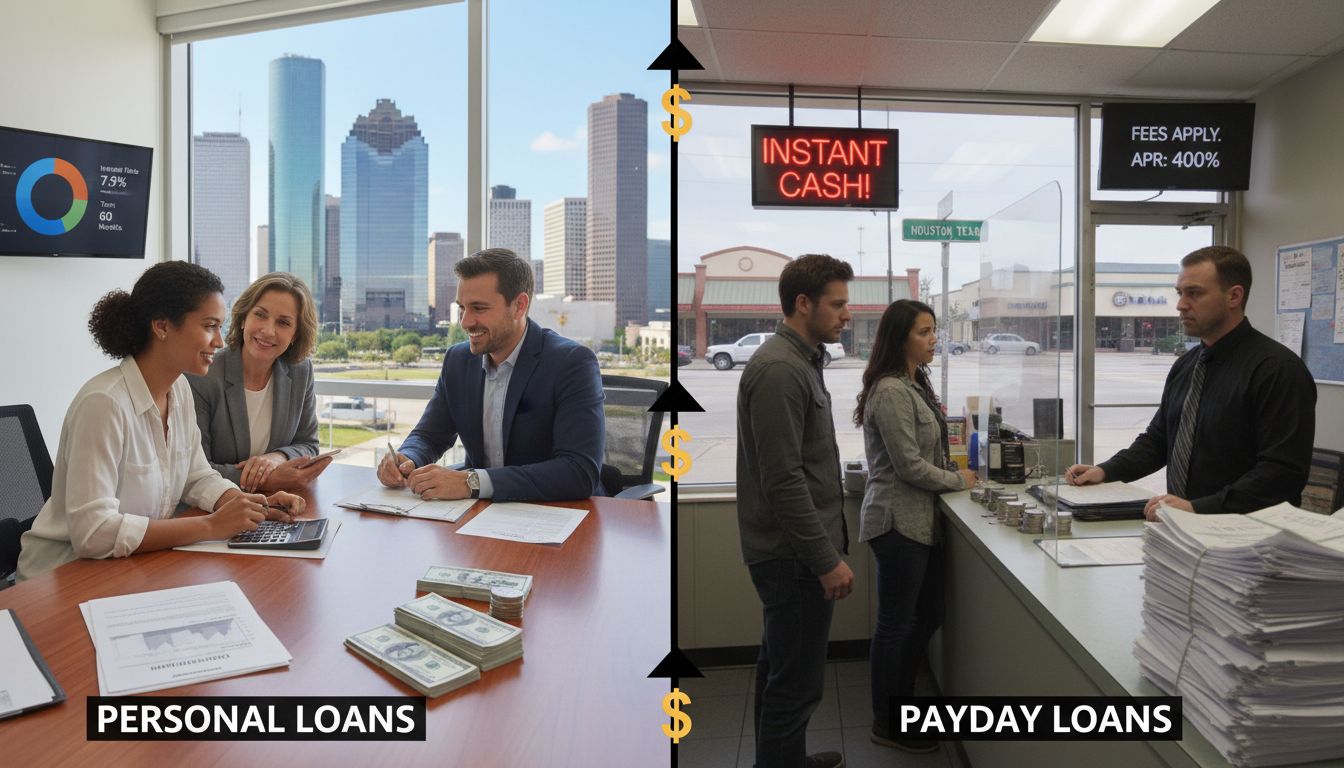 A split image compares two loan scenarios. On the left, three people discuss personal loans in a modern Laredo office; on the right, two people stand in a Payday Loans store with a neon "Instant Cash!" sign and paperwork on the counter.