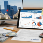 A desk with Texas Payday Loans data charts on a tablet, financial documents, a calculator, cash, and sticky notes about interest rates, regulations, and borrower stats. A monitor shows a Texas city skyline and oil rig.