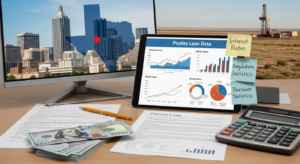 A desk with Texas Payday Loans data charts on a tablet, financial documents, a calculator, cash, and sticky notes about interest rates, regulations, and borrower stats. A monitor shows a Texas city skyline and oil rig.