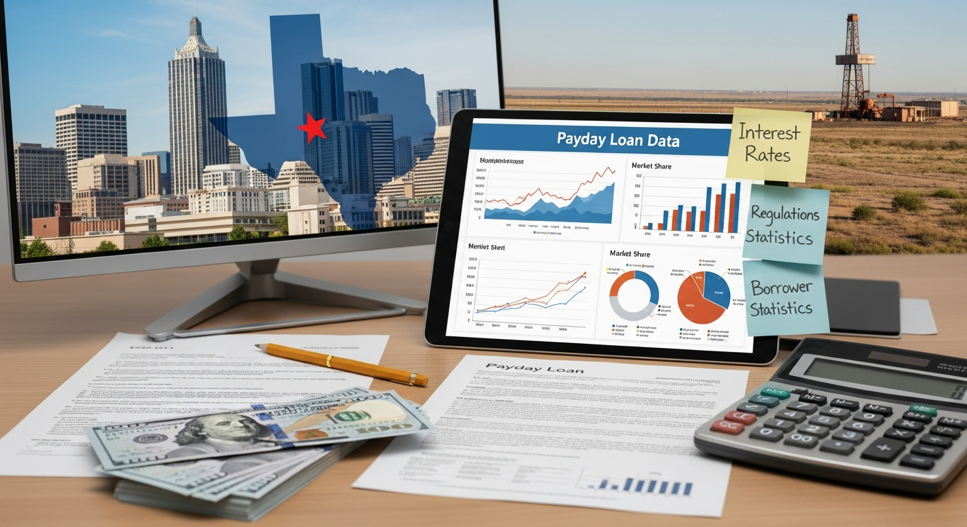 A desk with Texas Payday Loans data charts on a tablet, financial documents, a calculator, cash, and sticky notes about interest rates, regulations, and borrower stats. A monitor shows a Texas city skyline and oil rig.