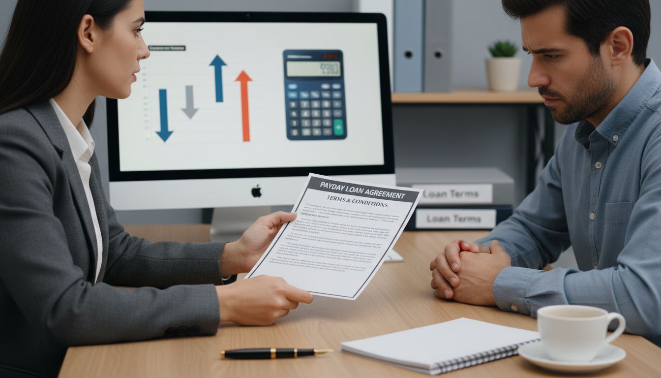 A woman in business attire shows a man a printed "Private Loan Agreement" while seated at a desk. A computer monitor displays graphs and a calculator. A notepad, pen, and coffee cup are also on the desk, reflecting an environment focused on responsible use of financial tools such as payday loans.